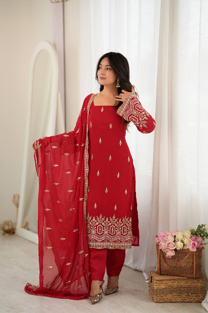 SCARLET RED HAND WORK & THREAD WORK GEORGETTE DESIGNER STRAIGHT SUIT SET