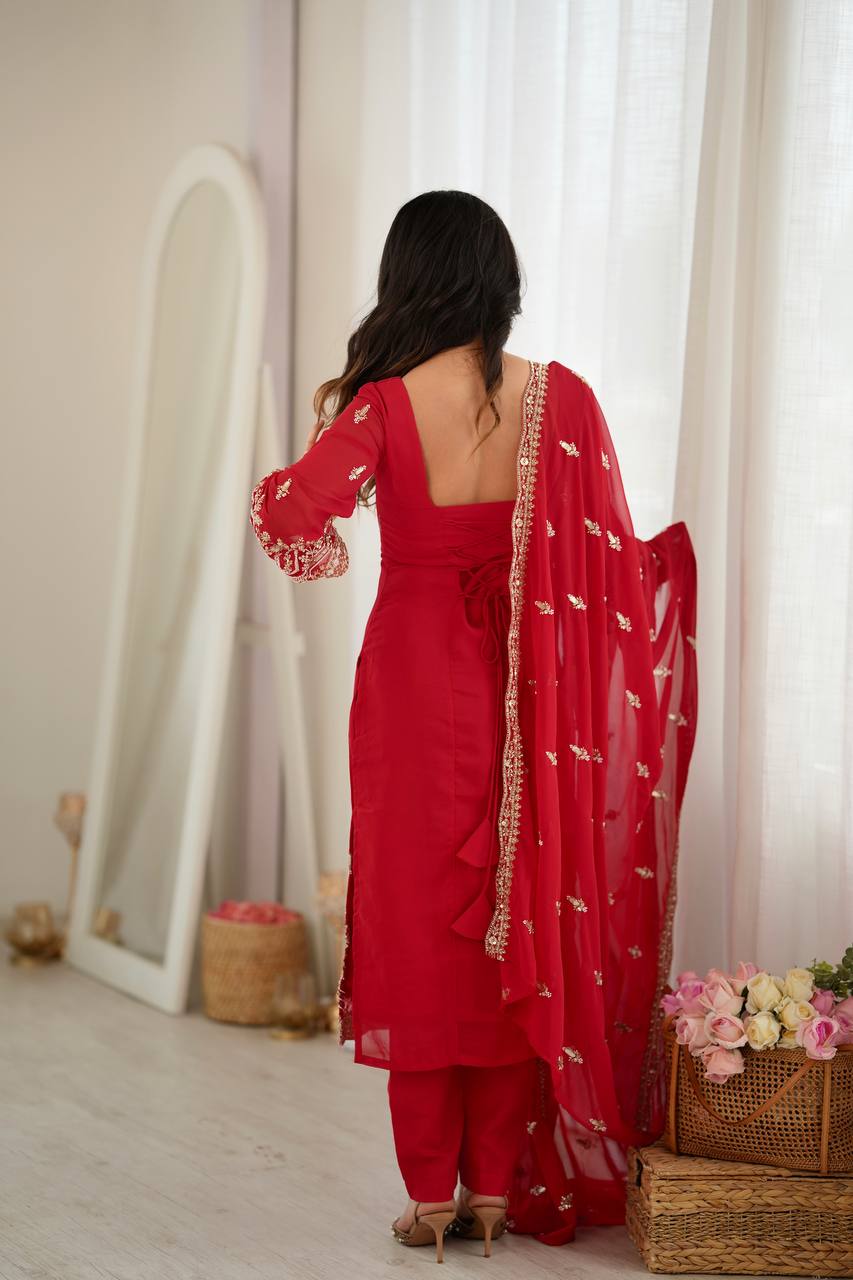 SCARLET RED HAND WORK & THREAD WORK GEORGETTE DESIGNER STRAIGHT SUIT SET