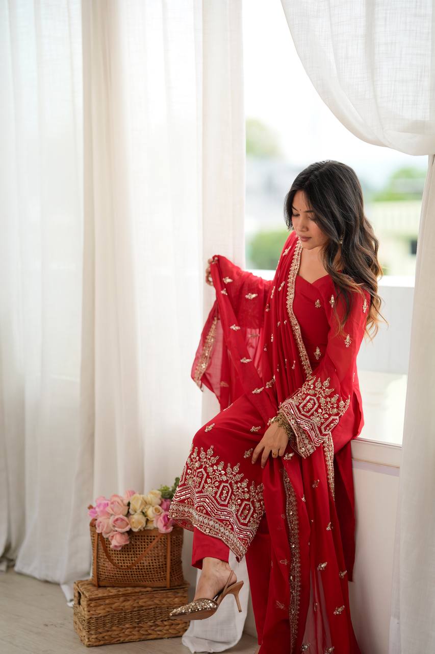 SCARLET RED HAND WORK & THREAD WORK GEORGETTE DESIGNER STRAIGHT SUIT SET