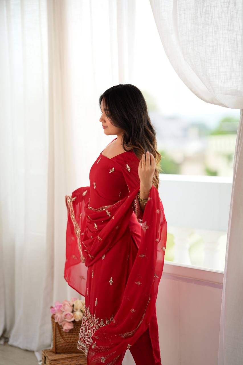 SCARLET RED HAND WORK & THREAD WORK GEORGETTE DESIGNER STRAIGHT SUIT SET