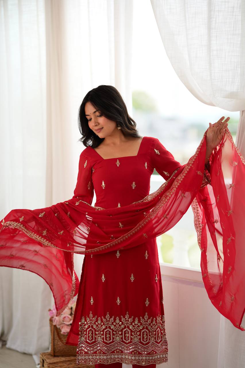 SCARLET RED HAND WORK & THREAD WORK GEORGETTE DESIGNER STRAIGHT SUIT SET