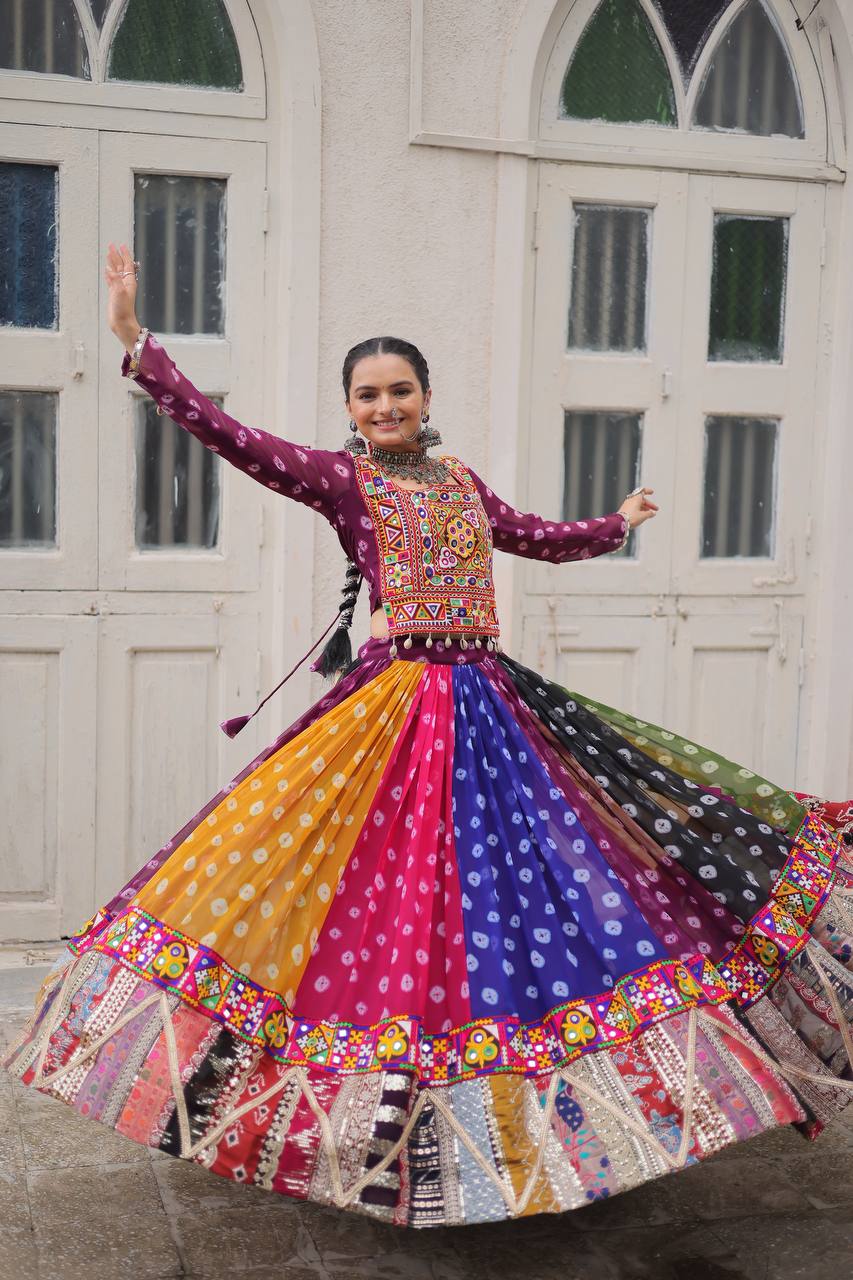 MULTI COLOR GEORGETTE BASE LEHENGA WITH GAMTHI WORK BLOUSE FULLY STITCHED