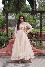 OFF WHITE COLOR KORA COTTON EMBROIDERED FLARED NAVRATRI GOWN