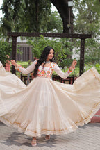 OFF WHITE COLOR KORA COTTON EMBROIDERED FLARED NAVRATRI GOWN