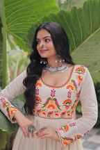 OFF WHITE COLOR KORA COTTON EMBROIDERED FLARED NAVRATRI GOWN