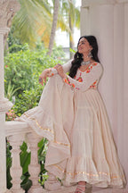 OFF WHITE COLOR KORA COTTON EMBROIDERED FLARED NAVRATRI GOWN