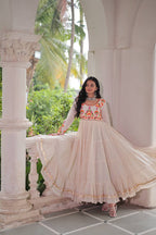 OFF WHITE COLOR KORA COTTON EMBROIDERED FLARED NAVRATRI GOWN