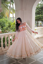 OFF WHITE COLOR KORA COTTON EMBROIDERED FLARED NAVRATRI GOWN