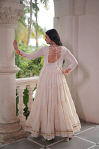 OFF WHITE COLOR KORA COTTON EMBROIDERED FLARED NAVRATRI GOWN