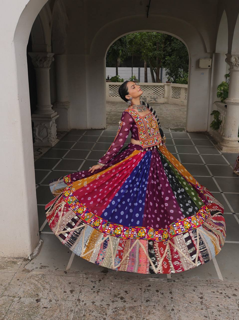 MULTI COLOR GEORGETTE BASE LEHENGA WITH GAMTHI WORK BLOUSE FULLY STITCHED