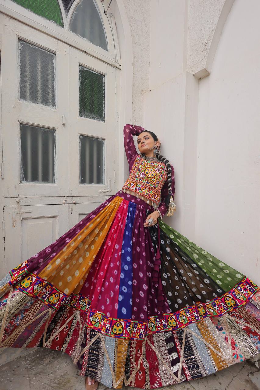 MULTI COLOR GEORGETTE BASE LEHENGA WITH GAMTHI WORK BLOUSE FULLY STITCHED