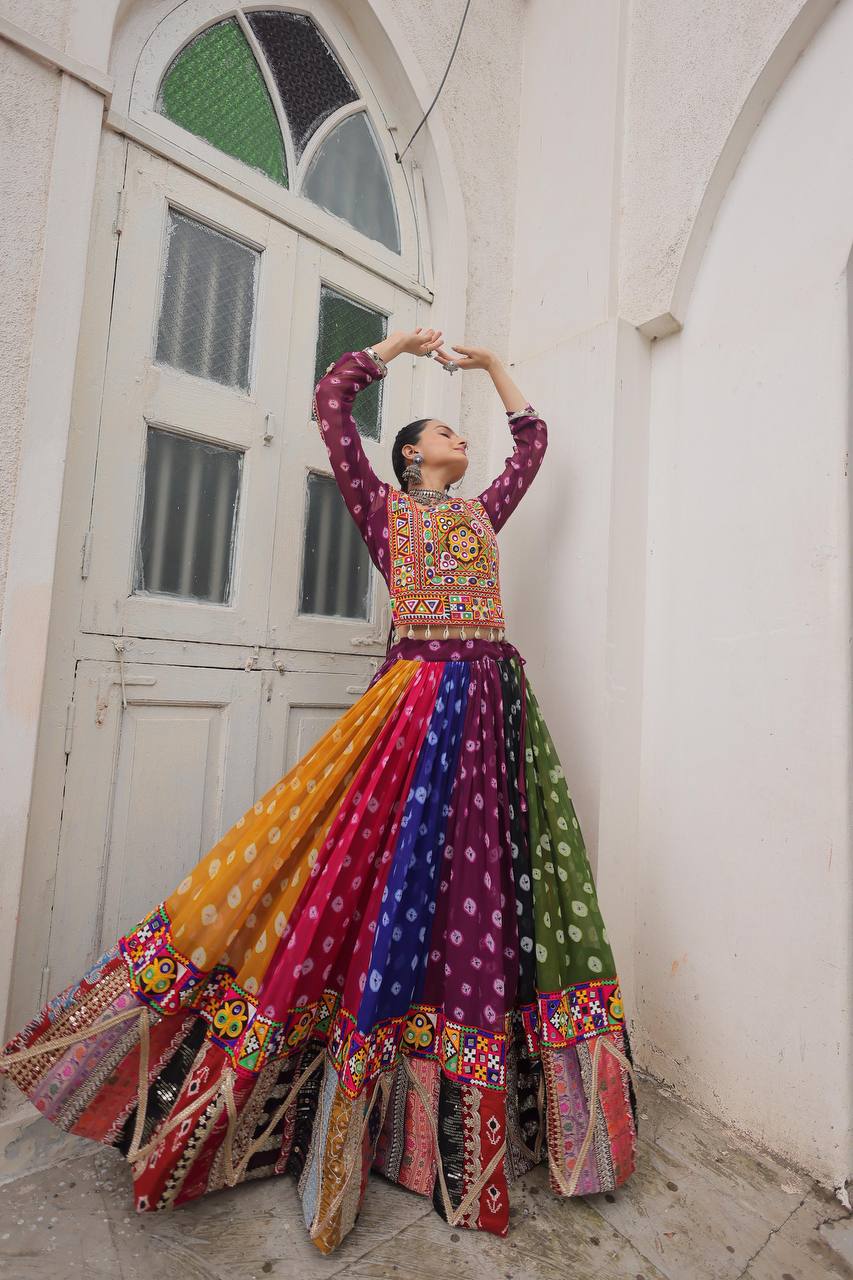 MULTI COLOR GEORGETTE BASE LEHENGA WITH GAMTHI WORK BLOUSE FULLY STITCHED