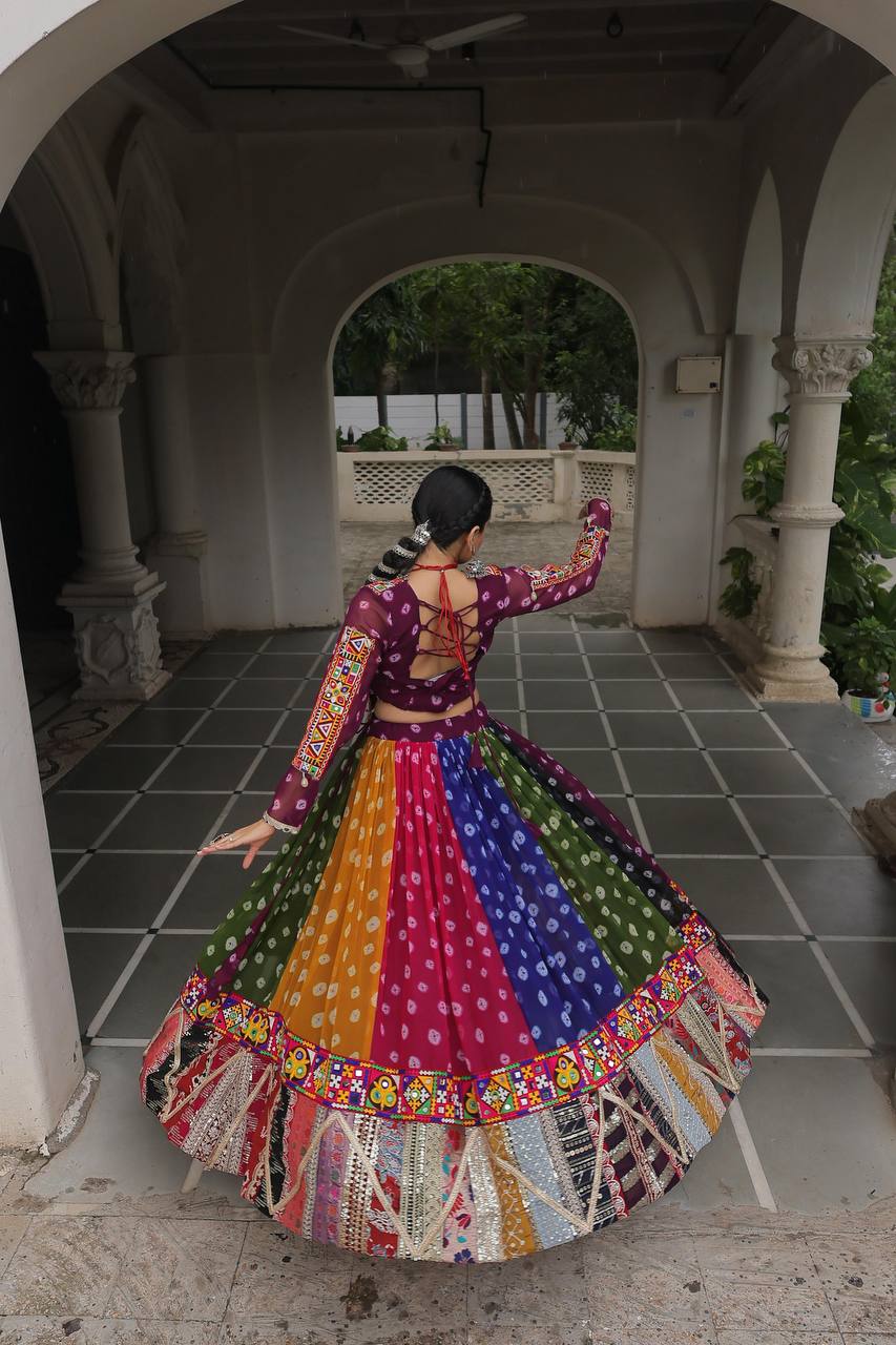 MULTI COLOR GEORGETTE BASE LEHENGA WITH GAMTHI WORK BLOUSE FULLY STITCHED
