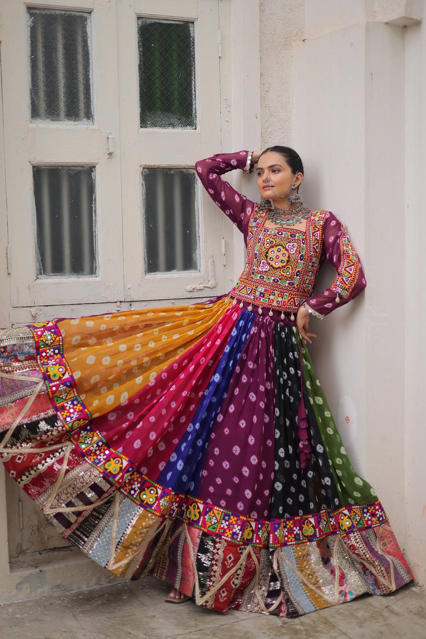 MULTI COLOR GEORGETTE BASE LEHENGA WITH GAMTHI WORK BLOUSE FULLY STITCHED