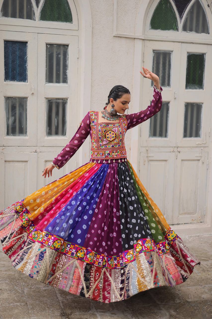 MULTI COLOR GEORGETTE BASE LEHENGA WITH GAMTHI WORK BLOUSE FULLY STITCHED