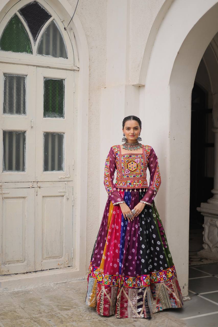 MULTI COLOR GEORGETTE BASE LEHENGA WITH GAMTHI WORK BLOUSE FULLY STITCHED