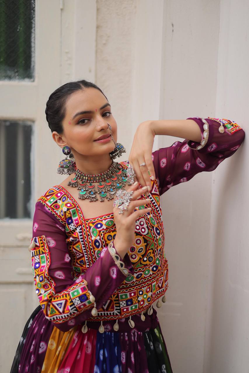 MULTI COLOR GEORGETTE BASE LEHENGA WITH GAMTHI WORK BLOUSE FULLY STITCHED