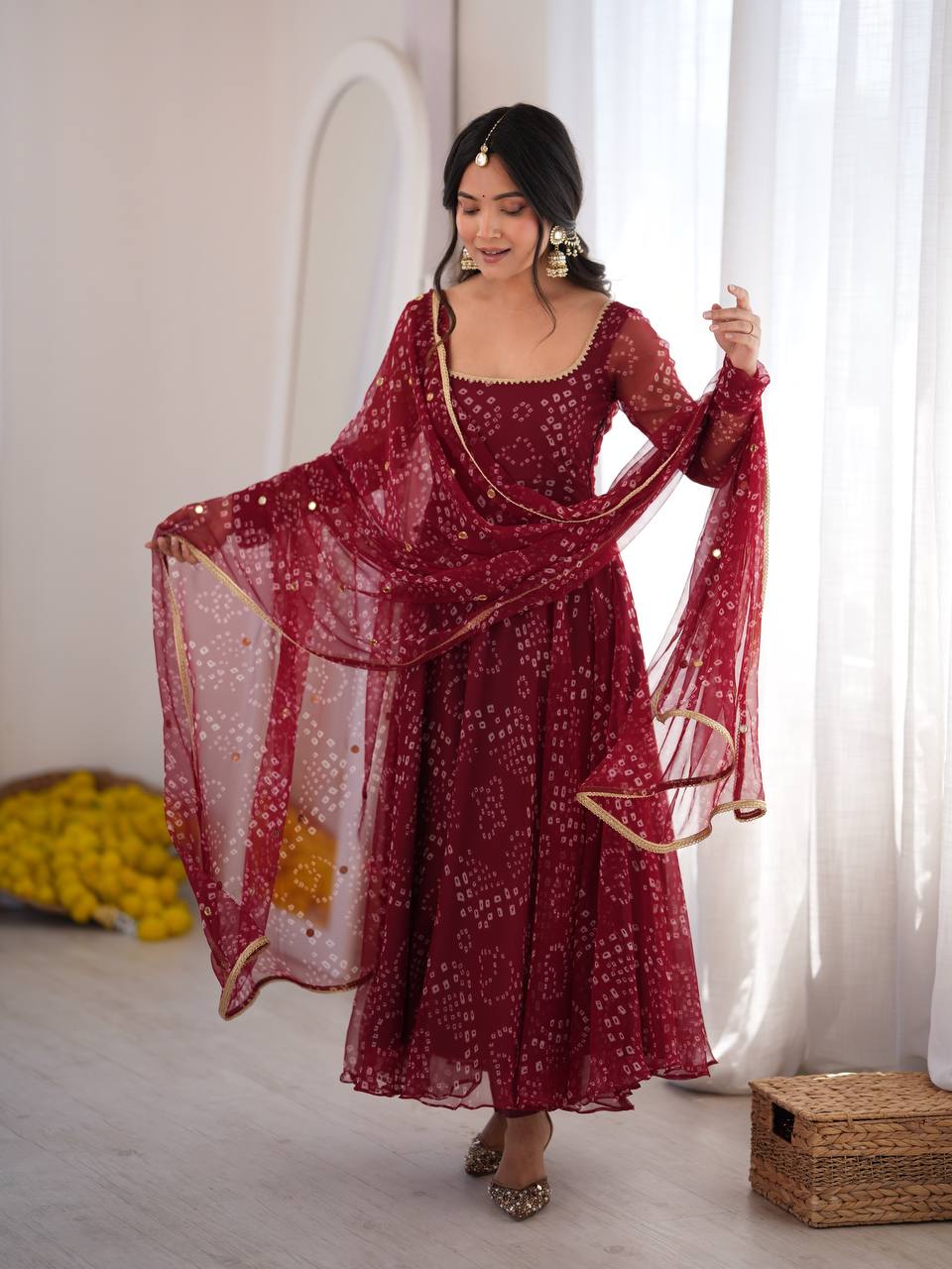 DESIGNER MAROON BANDHEJ PRINTED FLARED ANARKALI SUIT SET WITH MIRROR WORK DUPATTA