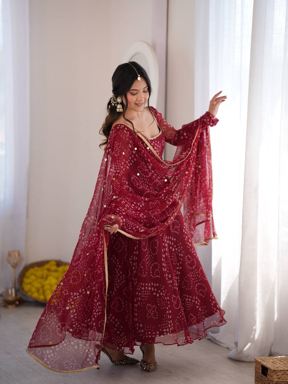 DESIGNER MAROON BANDHEJ PRINTED FLARED ANARKALI SUIT SET WITH MIRROR WORK DUPATTA