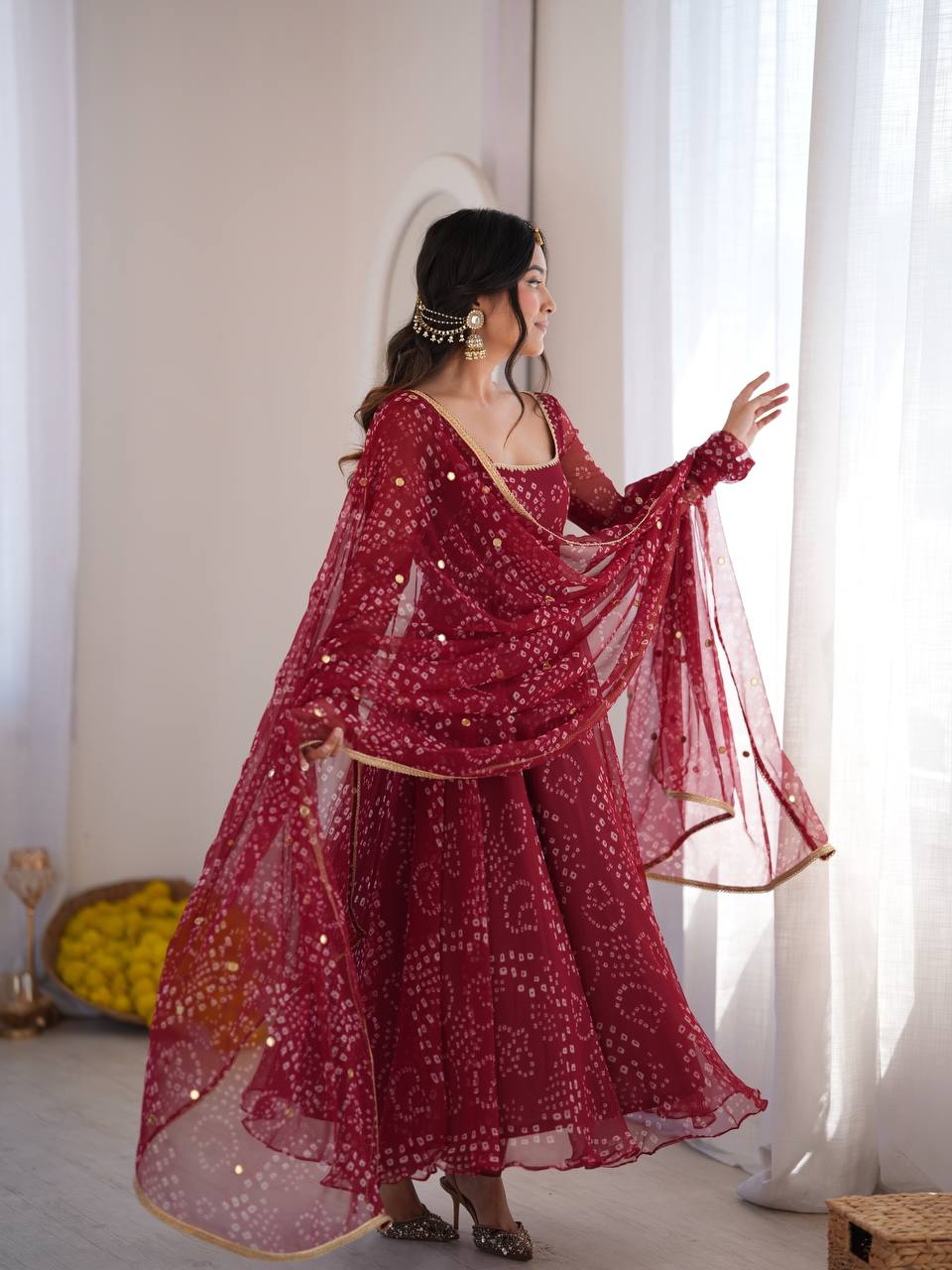 DESIGNER MAROON BANDHEJ PRINTED FLARED ANARKALI SUIT SET WITH MIRROR WORK DUPATTA