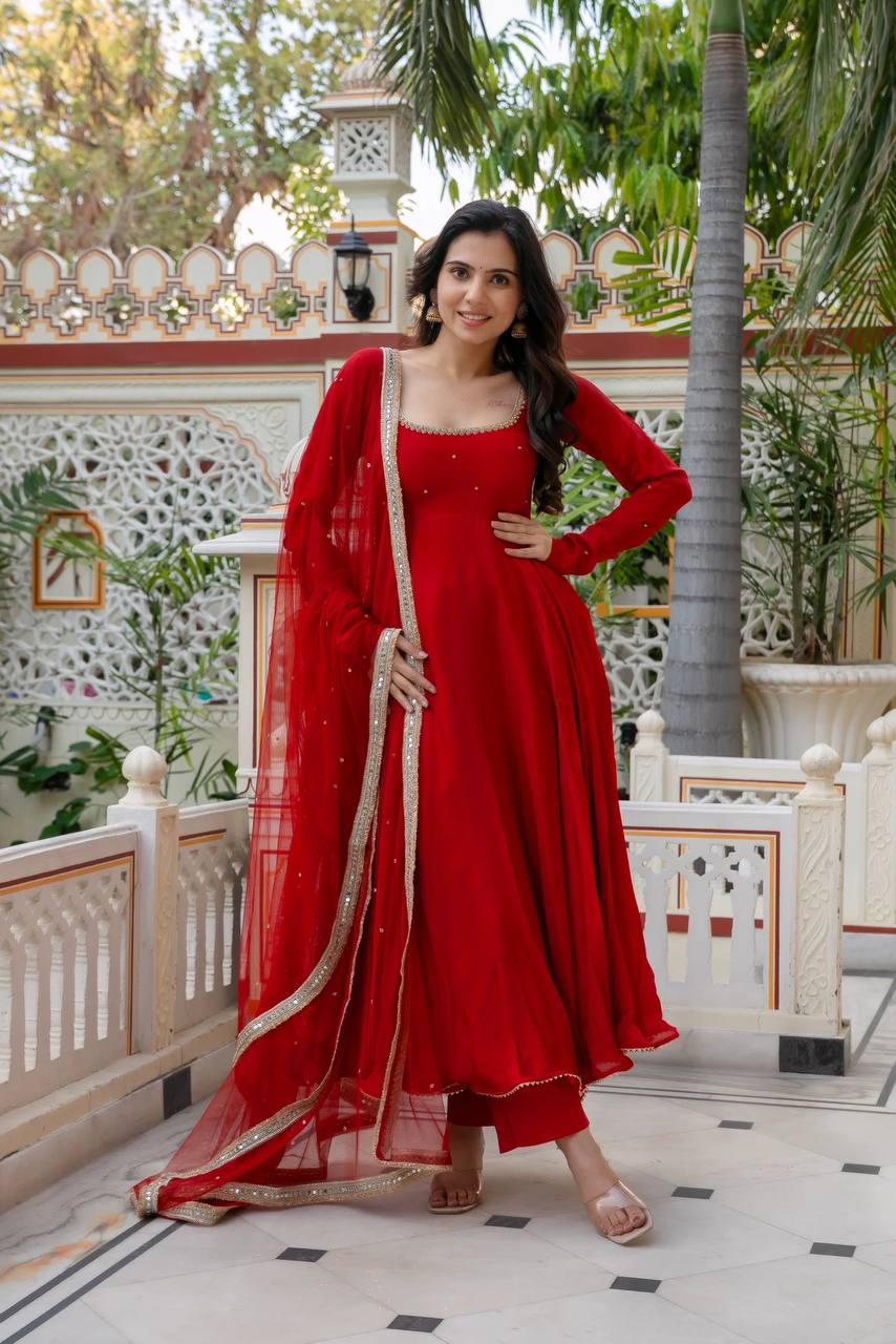 DESIGNER ROYAL RED HANDWORK FLARED ANARKALI SUIT SET