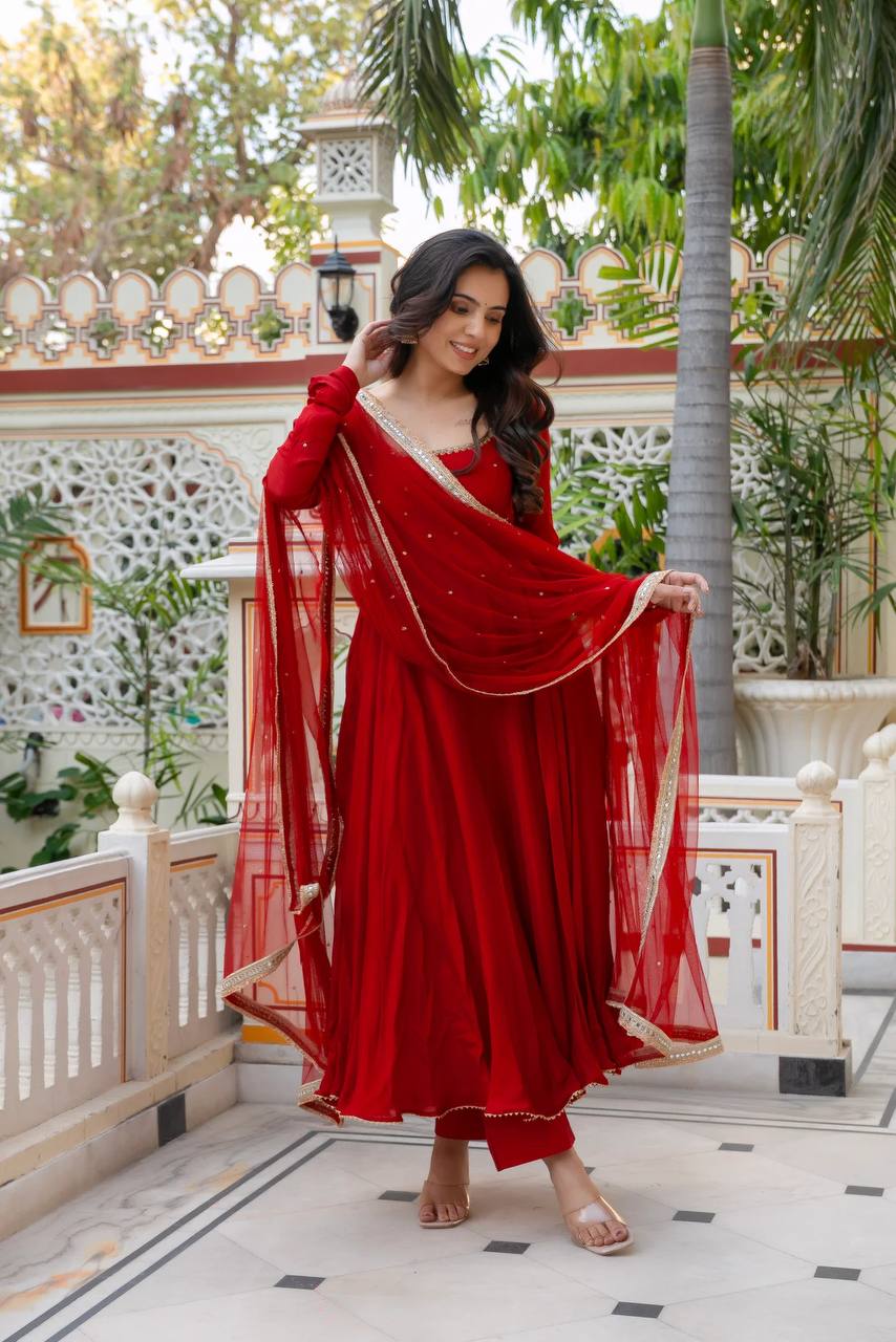 DESIGNER ROYAL RED HANDWORK FLARED ANARKALI SUIT SET