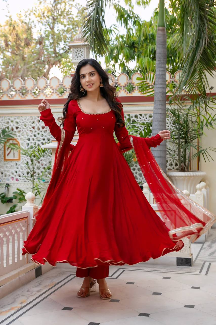 DESIGNER ROYAL RED HANDWORK FLARED ANARKALI SUIT SET