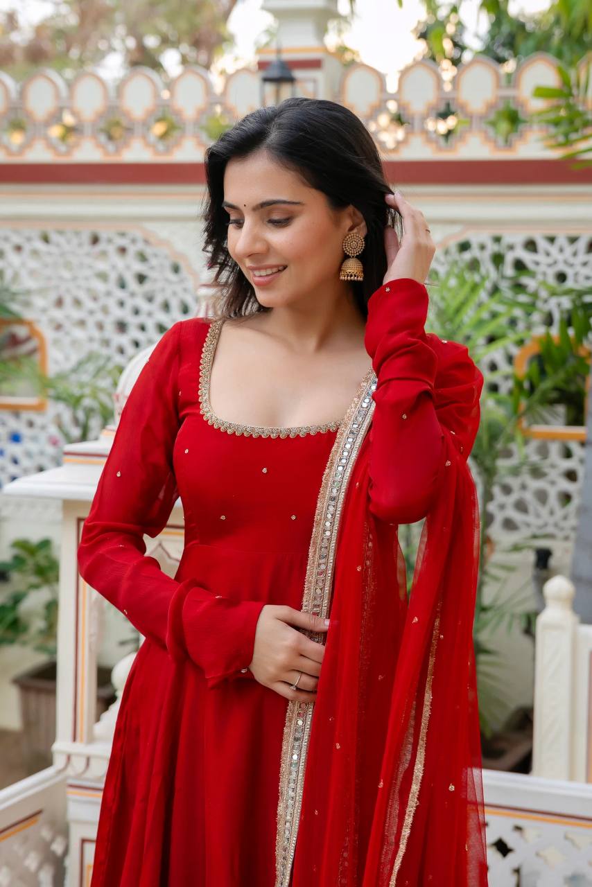 DESIGNER ROYAL RED HANDWORK FLARED ANARKALI SUIT SET