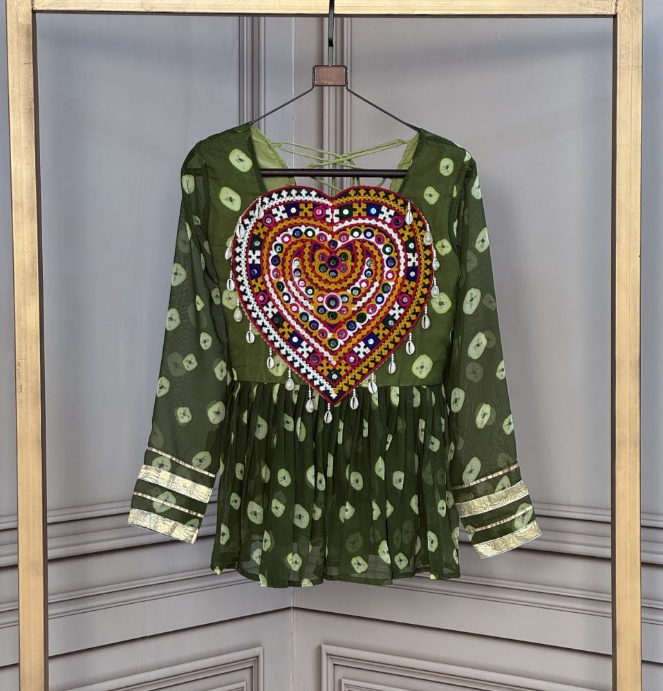 NAVRATRI SPECIAL KUTCHI EMBROIDERED BANDHANI PRINTED FLARED KURTI