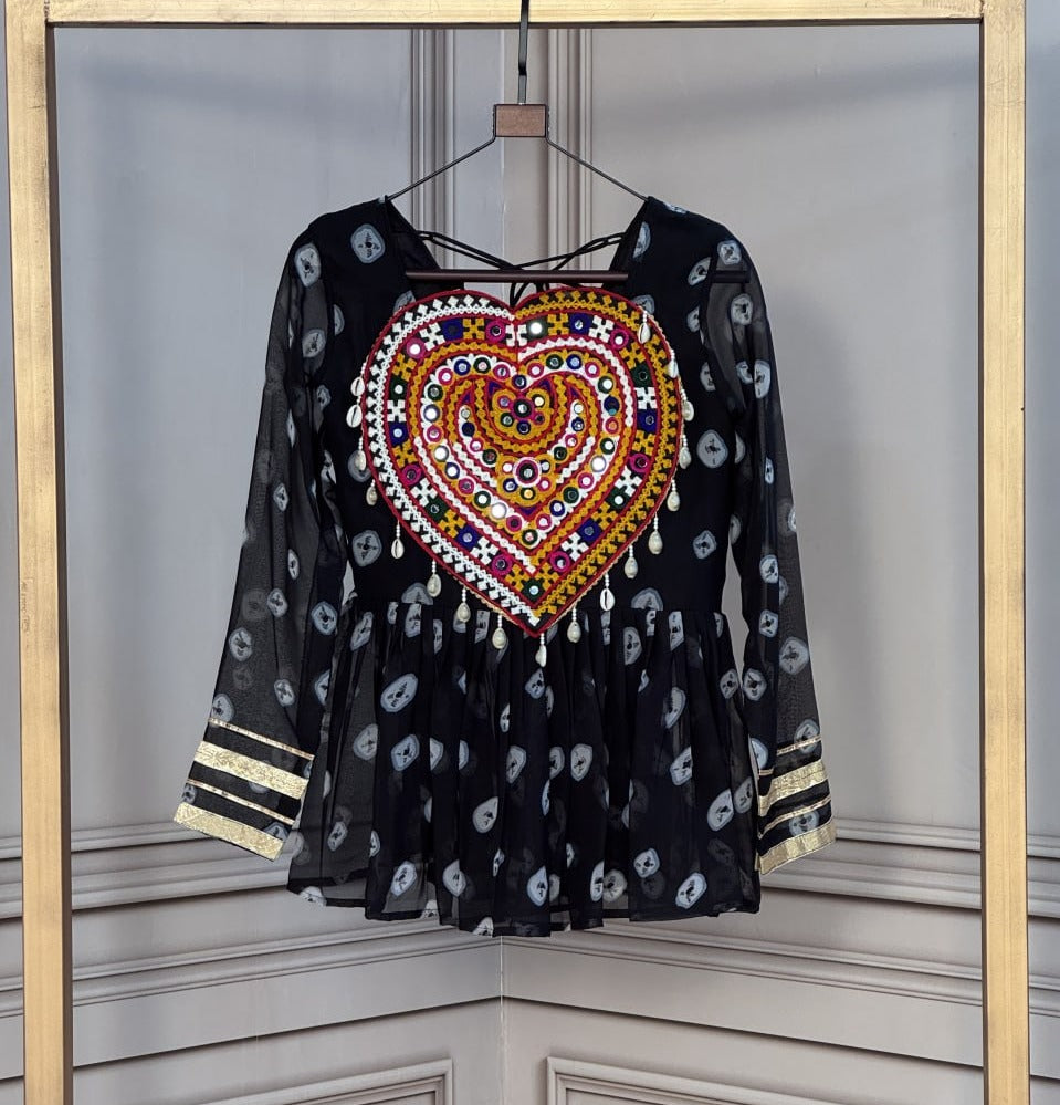 NAVRATRI SPECIAL KUTCHI EMBROIDERED BANDHANI PRINTED FLARED KURTI