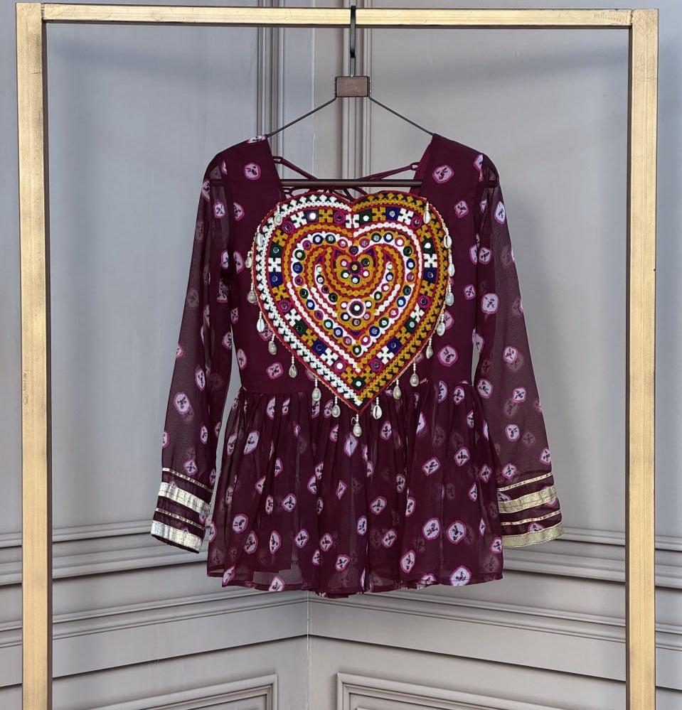 NAVRATRI SPECIAL KUTCHI EMBROIDERED BANDHANI PRINTED FLARED KURTI