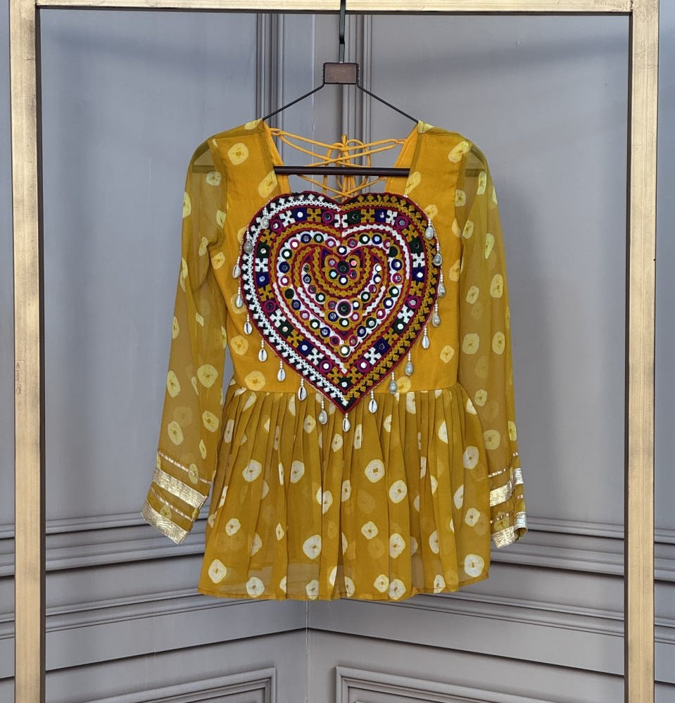 NAVRATRI SPECIAL KUTCHI EMBROIDERED BANDHANI PRINTED FLARED KURTI