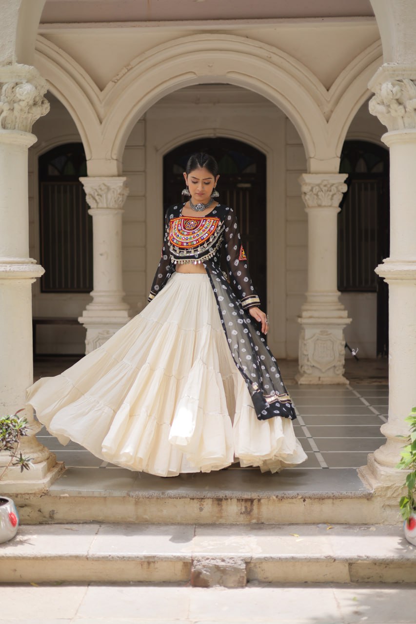 NAVRATRI SPECIAL BLACK COLOR KORA COTTON BASE STYLISH KURTI WITH LEHENGA