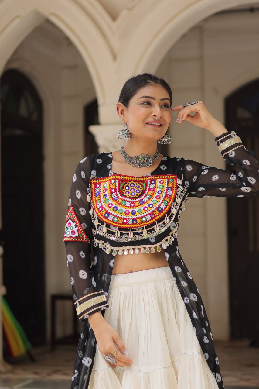 NAVRATRI SPECIAL BLACK COLOR KORA COTTON BASE STYLISH KURTI WITH LEHENGA