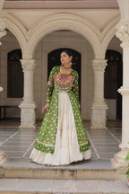 NAVRATRI SPECIAL PARROT GREEN COLOR KORA COTTON BASE STYLISH KURTI WITH LEHENGA