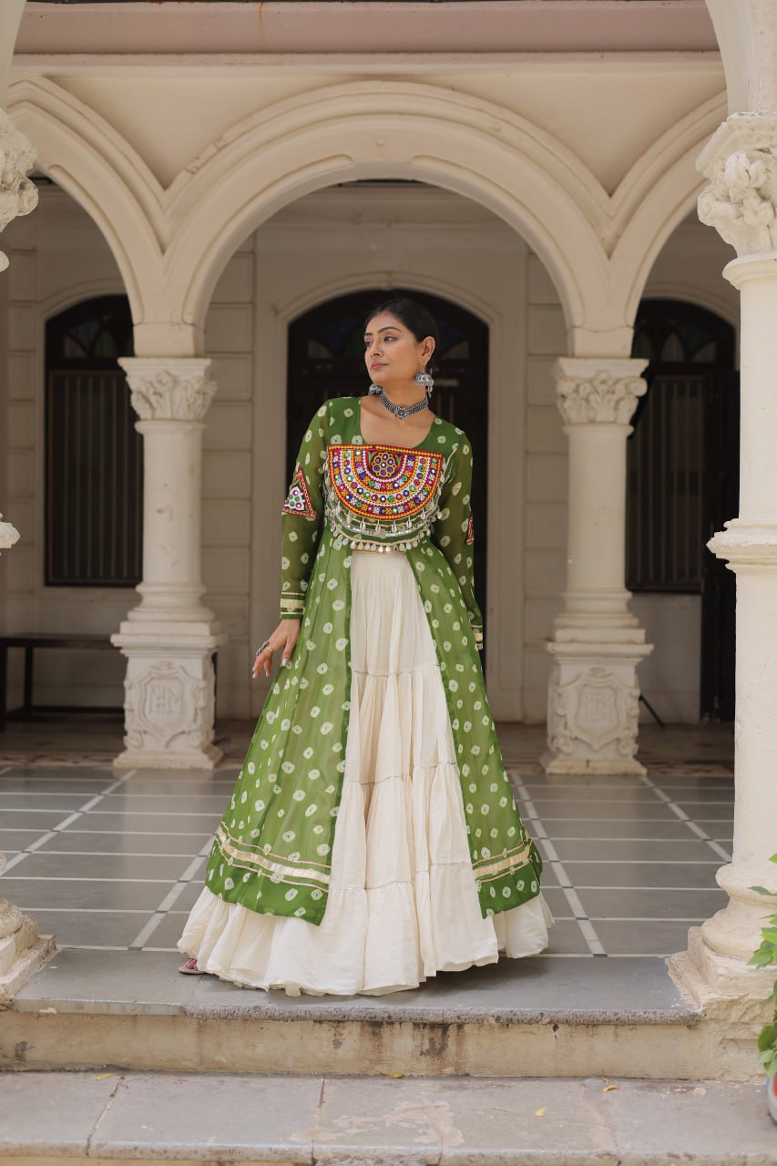 NAVRATRI SPECIAL PARROT GREEN COLOR KORA COTTON BASE STYLISH KURTI WITH LEHENGA