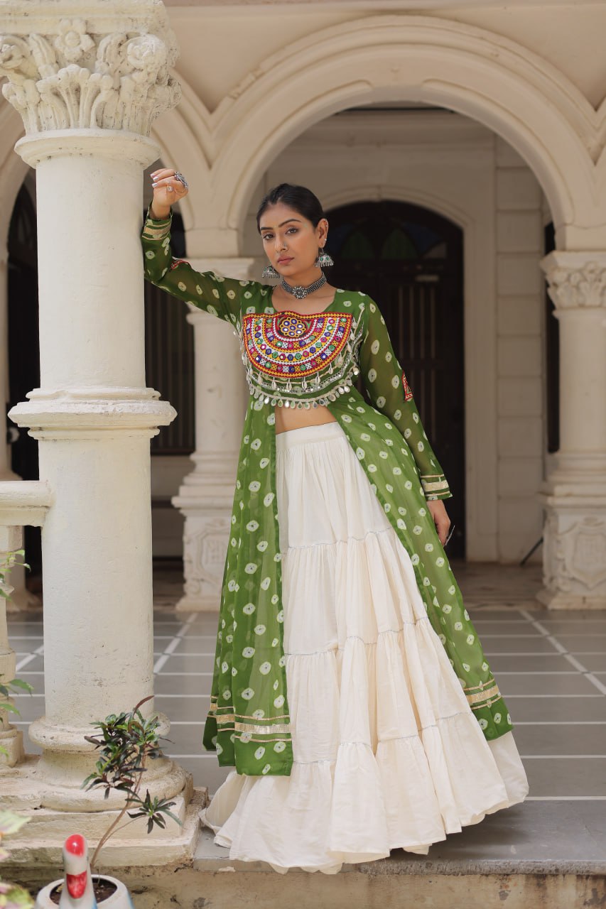 NAVRATRI SPECIAL PARROT GREEN COLOR KORA COTTON BASE STYLISH KURTI WITH LEHENGA