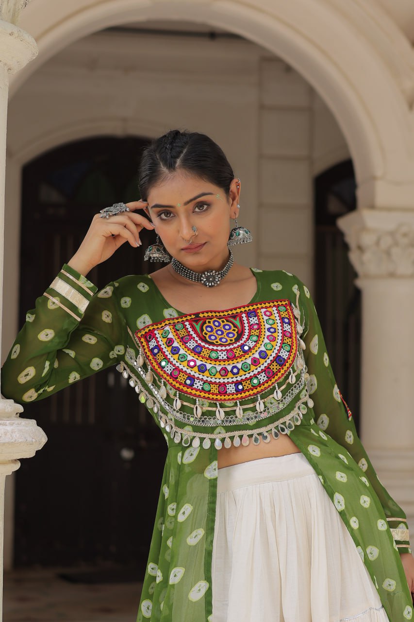 NAVRATRI SPECIAL PARROT GREEN COLOR KORA COTTON BASE STYLISH KURTI WITH LEHENGA