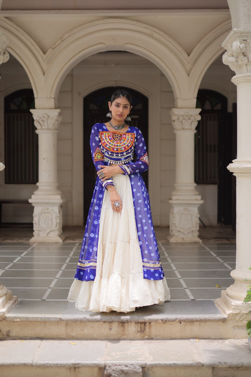 NAVRATRI SPECIAL BLUE COLOR KORA COTTON BASE STYLISH KURTI WITH LEHENGA