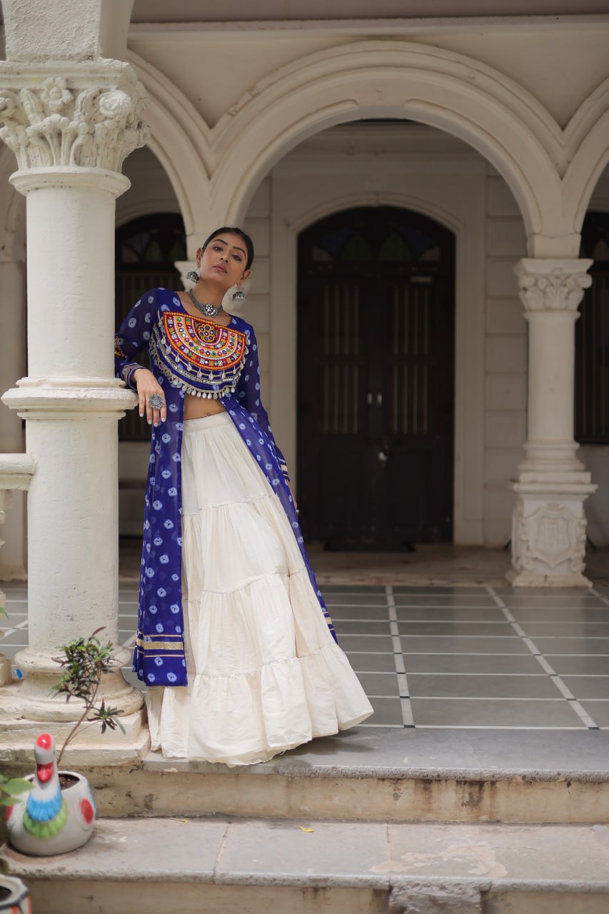 NAVRATRI SPECIAL BLUE COLOR KORA COTTON BASE STYLISH KURTI WITH LEHENGA