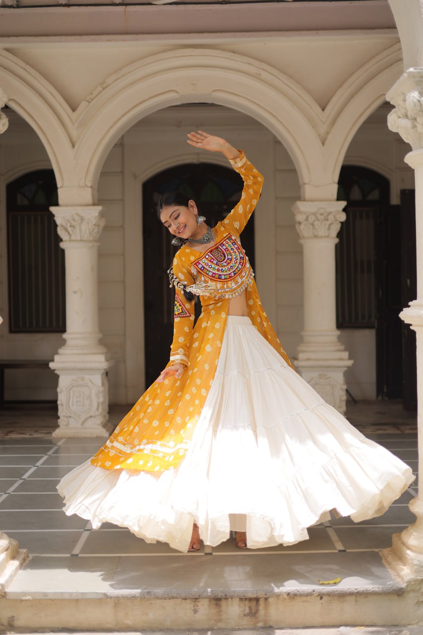 NAVRATRI SPECIAL YELLOW COLOR KORA COTTON BASE STYLISH KURTI WITH LEHENGA