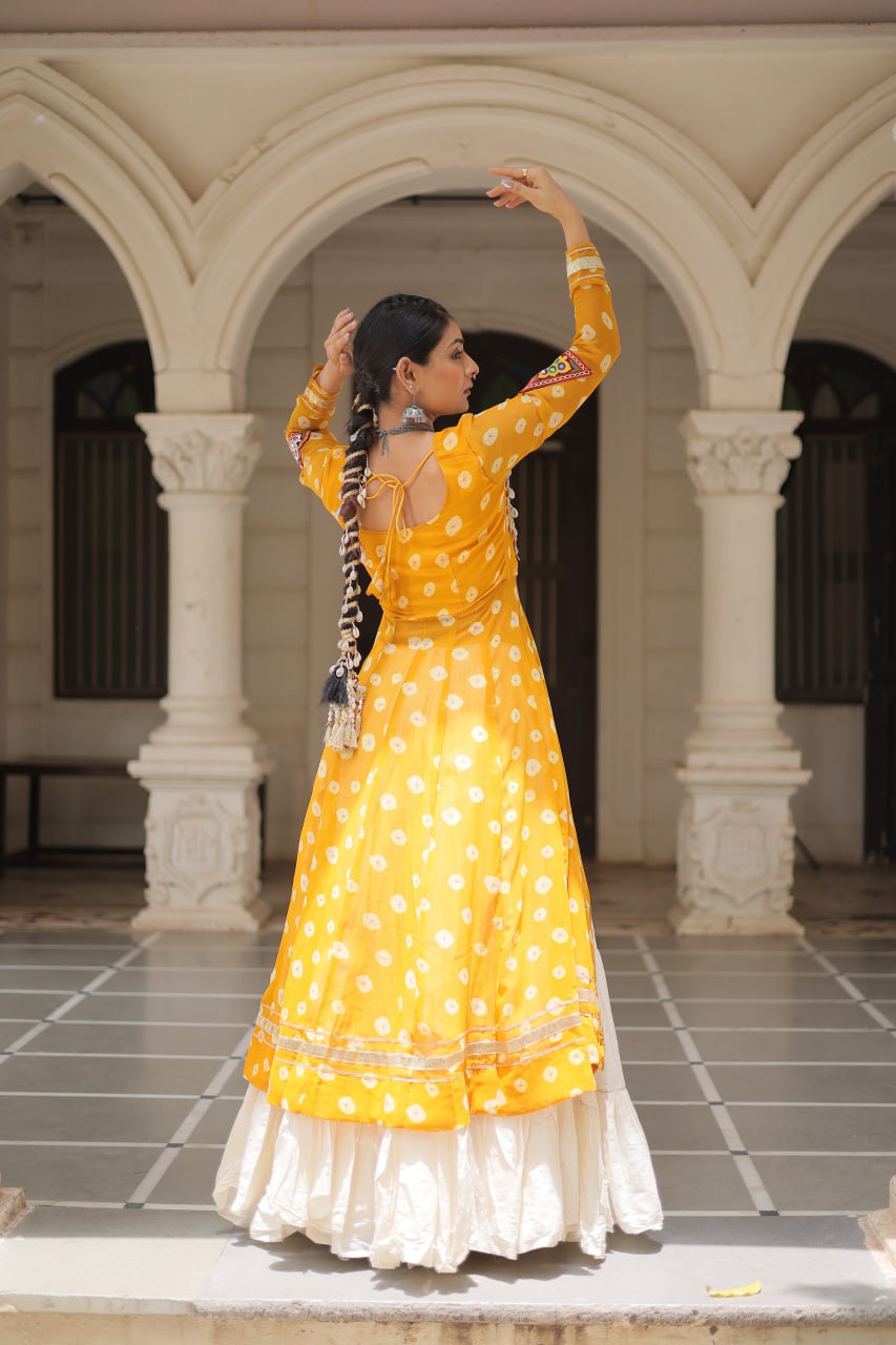 NAVRATRI SPECIAL YELLOW COLOR KORA COTTON BASE STYLISH KURTI WITH LEHENGA