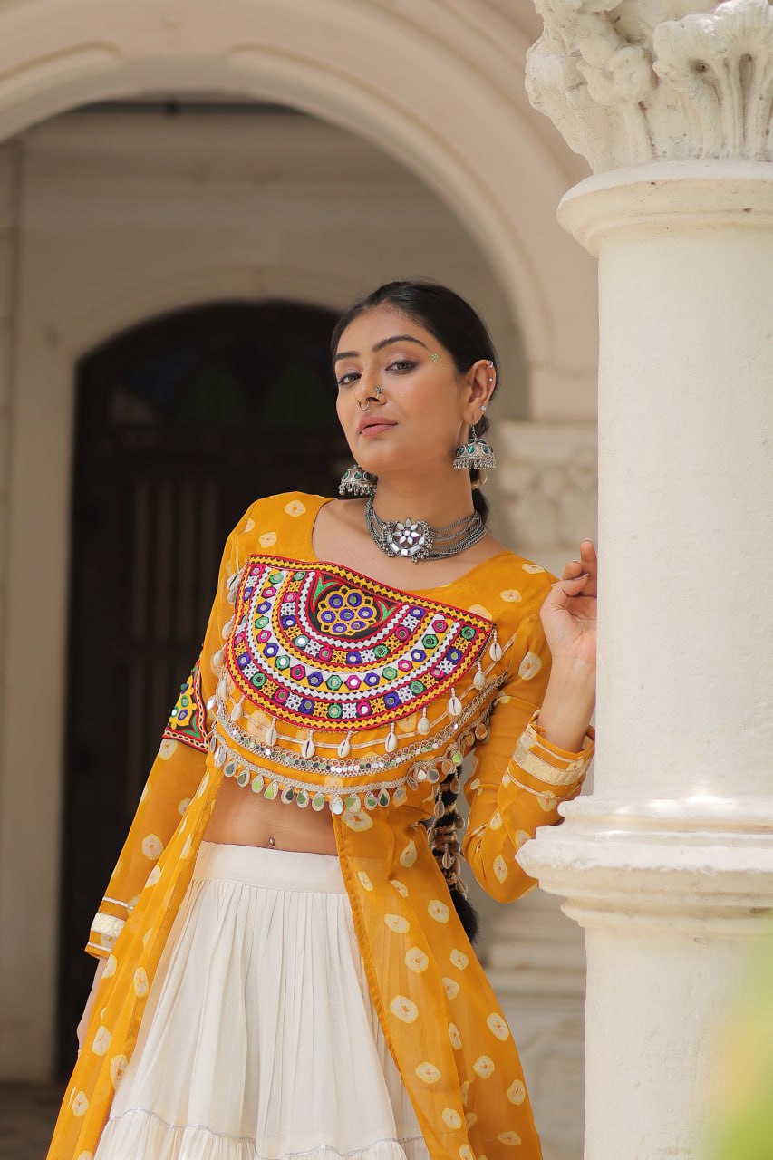 NAVRATRI SPECIAL YELLOW COLOR KORA COTTON BASE STYLISH KURTI WITH LEHENGA