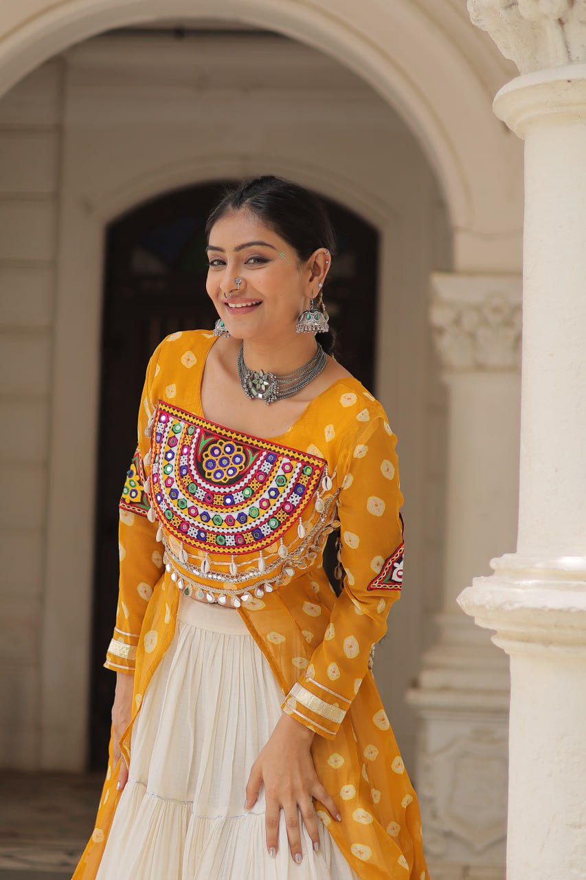 NAVRATRI SPECIAL YELLOW COLOR KORA COTTON BASE STYLISH KURTI WITH LEHENGA