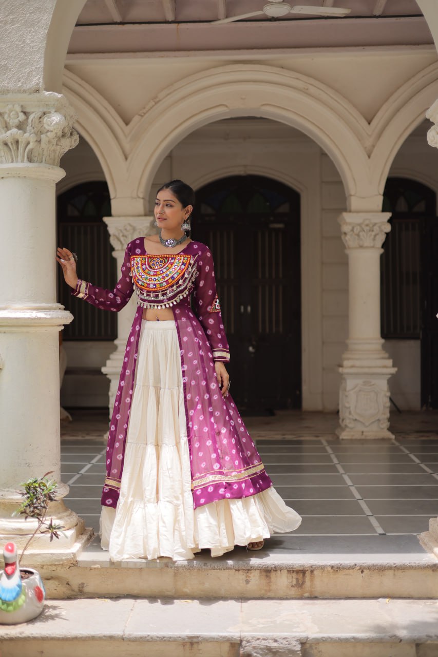 NAVRATRI SPECIAL MAGENTA COLOR KORA COTTON BASE STYLISH KURTI WITH LEHENGA