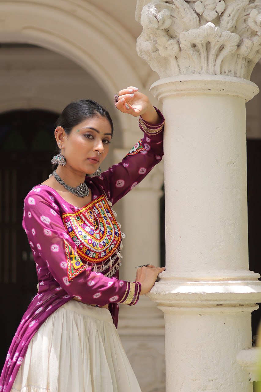 NAVRATRI SPECIAL MAGENTA COLOR KORA COTTON BASE STYLISH KURTI WITH LEHENGA