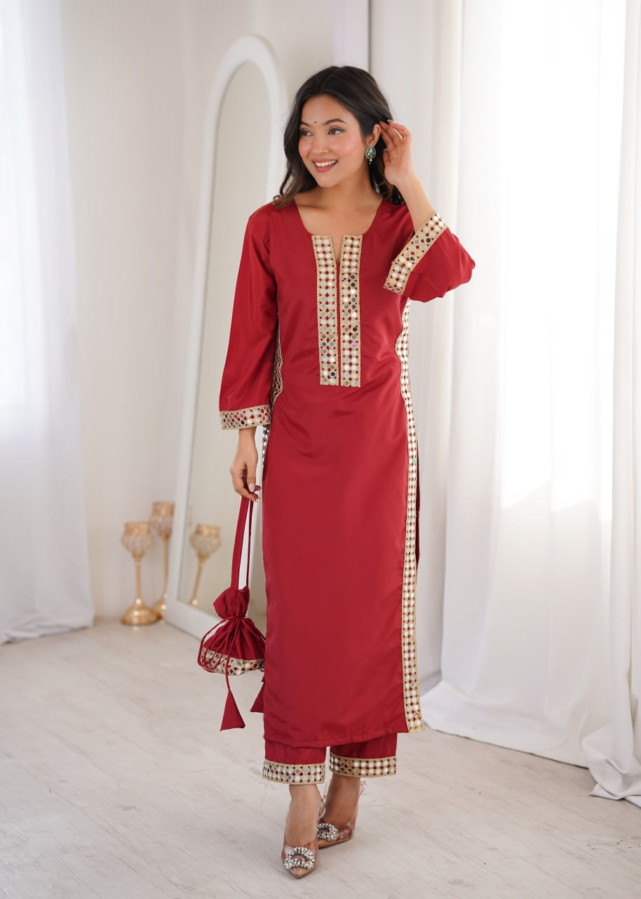 MAROON COLOR READYMADE KURTI PANT WITH BATWA