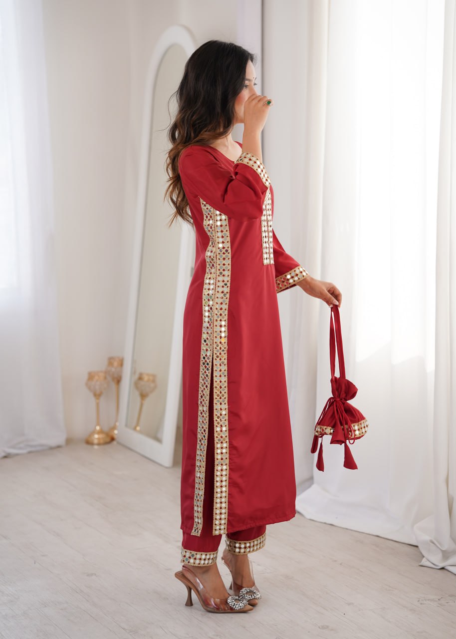 MAROON COLOR READYMADE KURTI PANT WITH BATWA