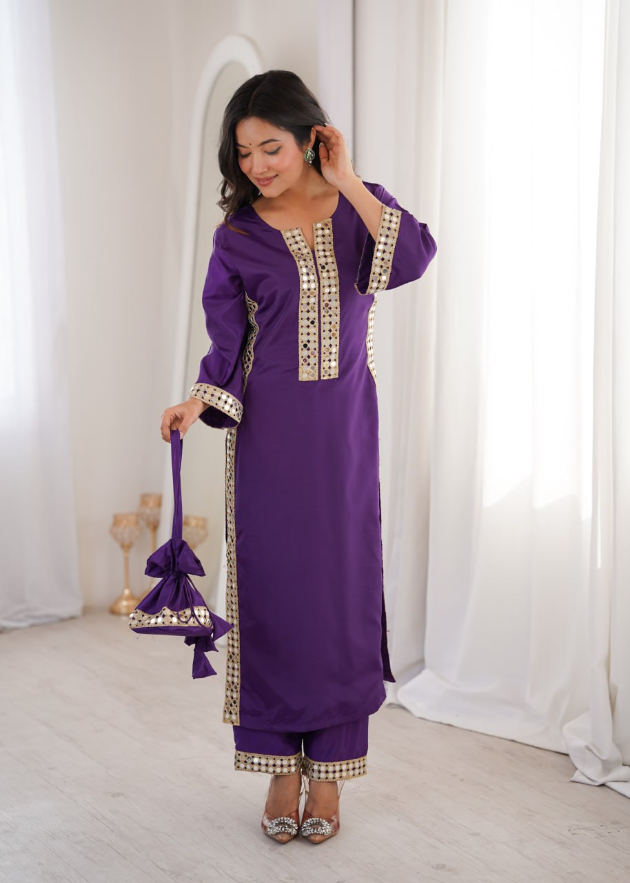 PURPLE COLOR READYMADE KURTI PANT WITH BATWA