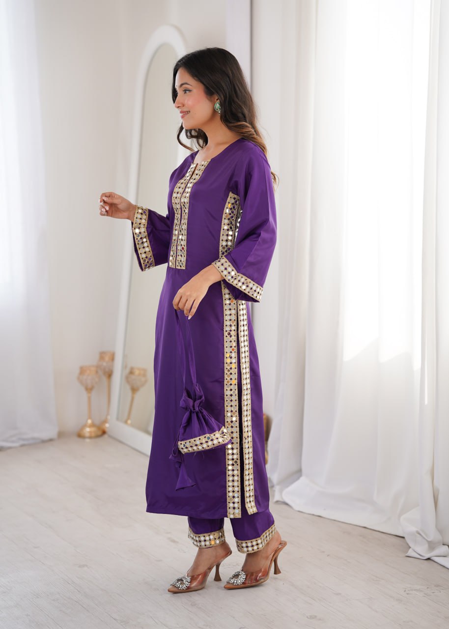 PURPLE COLOR READYMADE KURTI PANT WITH BATWA